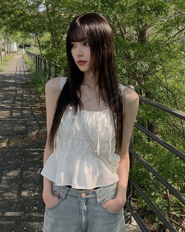 Fearin Shirring Sleeveless Ribbon Blouse